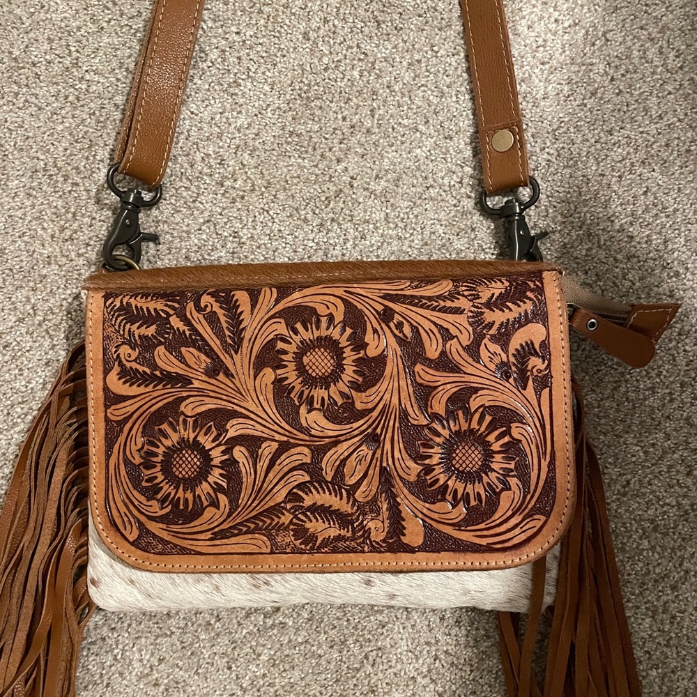 Myra Bag Brown Tooled Leather Crossbody with Fringe - Picture 2 of 8